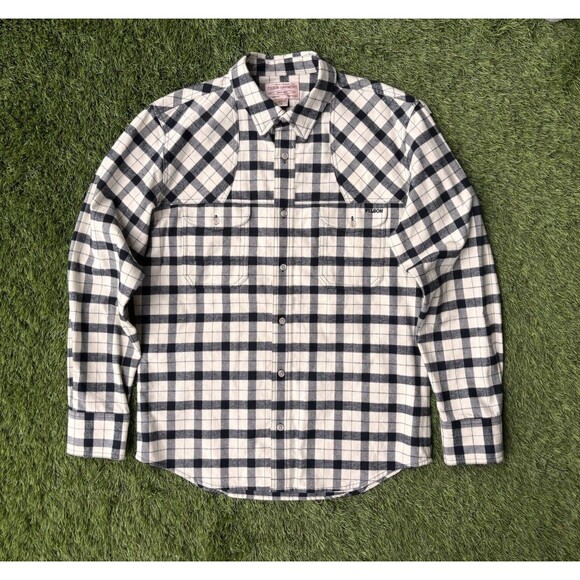 CC Filson Hunting Flannel Shirt Mens Med Cream Black Plaid Button Up Cotton